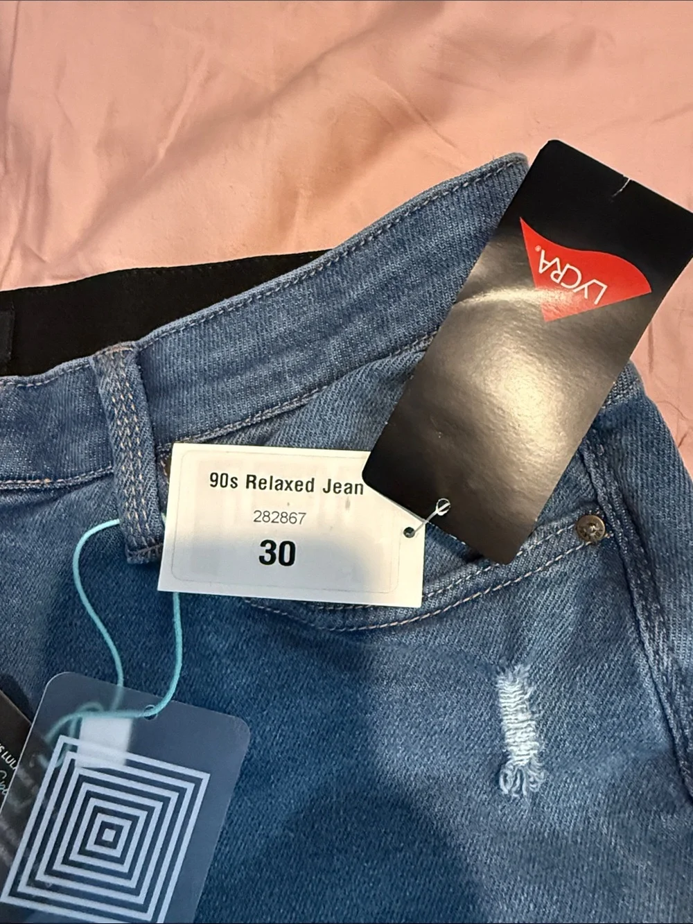 Lularoe women's 90's Relaxed Denim Jeans Blue SZ 30 Stretchy gold stitching NWT
